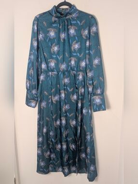 Melloday Teal Floral Print Long Sleeve Maxi Dress Size M Satin Chic New